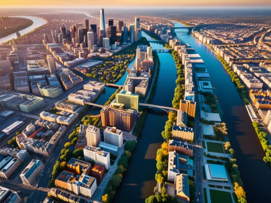 Diferencias derechos autor fotografía terrestre: Espléndida ciudad al atardecer, con luz cálida y sombras largas, capturando la belleza urbana desde lo alto