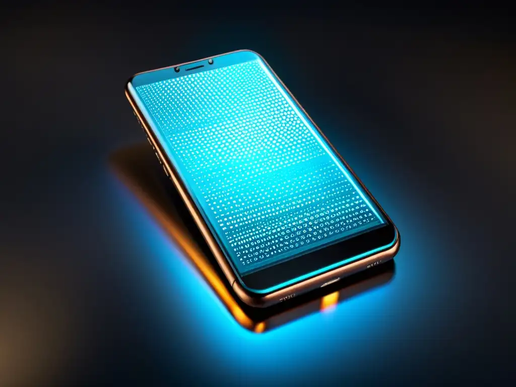 Diferencias patentes farmacéuticas tecnológicas: Detalle ultrafuturista de un smartphone minimalista con pantalla traslúcida y circuitos avanzados, iluminado por luz suave