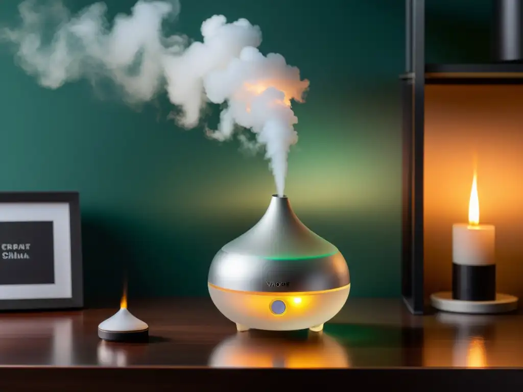 Un difusor de aroma moderno libera una fina niebla, creando un ambiente sofisticado y profesional