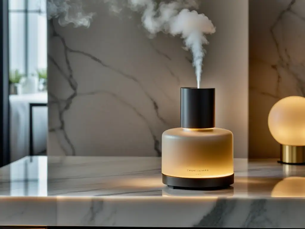 Un difusor de fragancias moderno y elegante emite un delicado aroma en un espacio minimalista