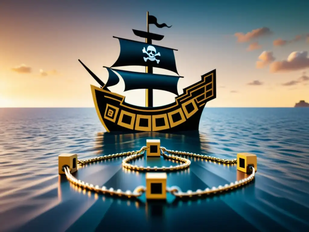 Una ilustración digital de una cadena de bloques con un barco pirata hundiéndose al fondo