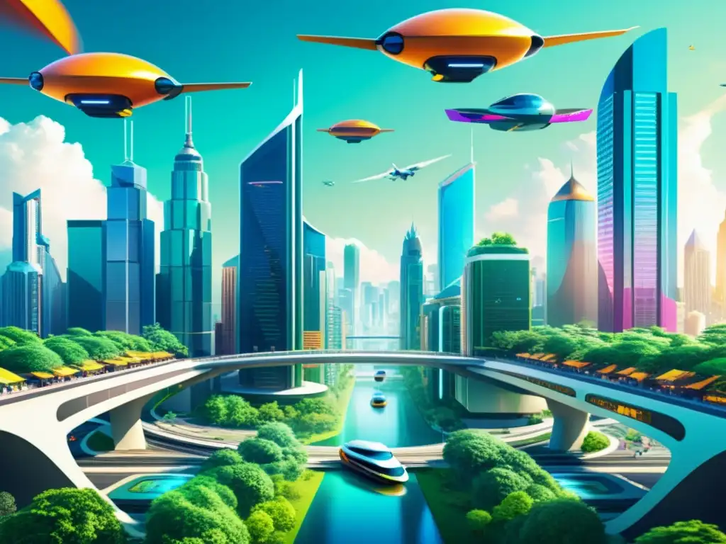 Una ilustración digital de una ciudad bulliciosa y futurista, rodeada de exuberante vegetación