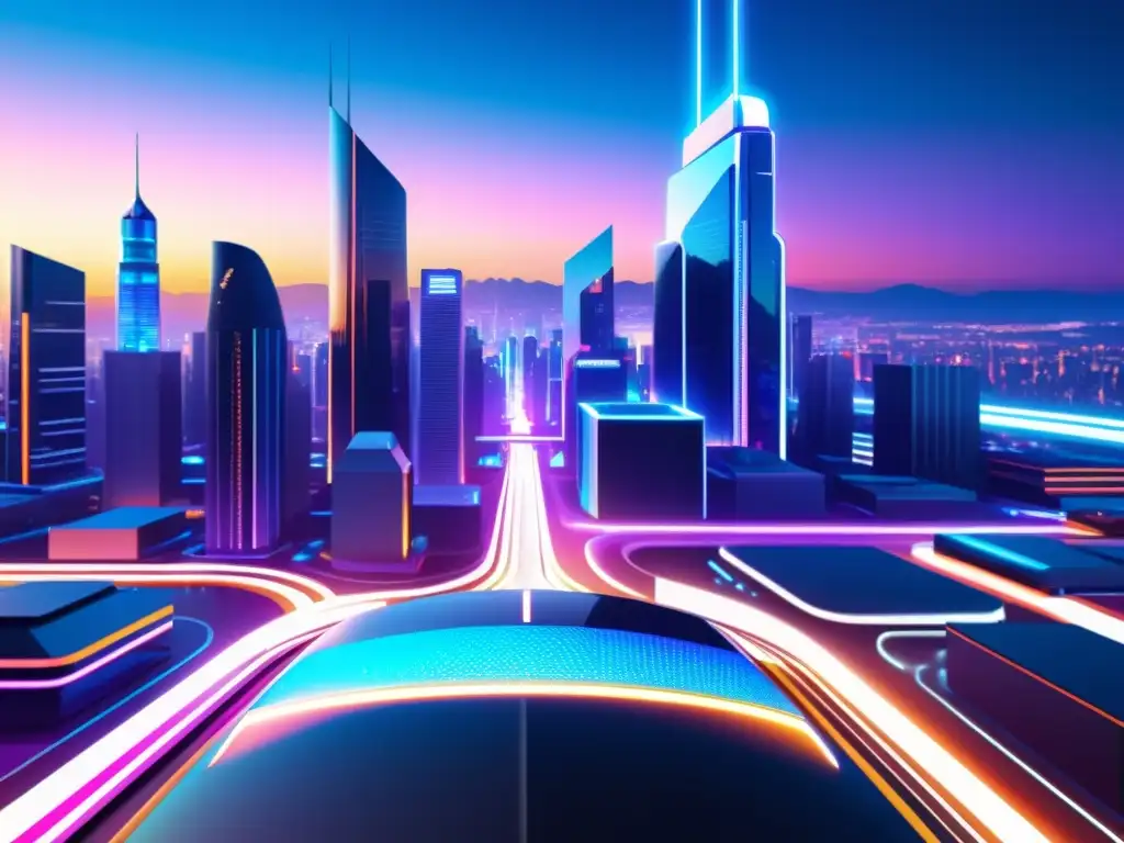Una ilustración digital de una ciudad cibernética estilizada al anochecer, con rascacielos elegantes, vehículos futuristas y luces de neón vibrantes, rodeada de redes de datos brillantes