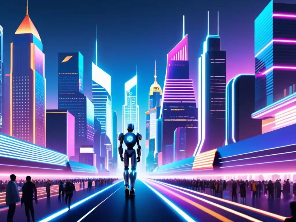 Una ilustración digital de una ciudad futurista con rascacielos imponentes, luces de neón y un robot creando patrones de luz y código