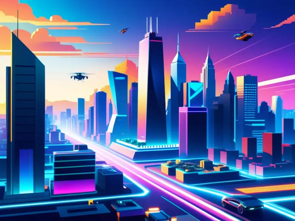 Una ilustración digital de una ciudad futurista con rascacielos imponentes y elementos de diseño de videojuegos