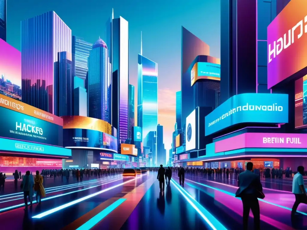 Ilustración digital de una ciudad futurista con vallas publicitarias holográficas y rascacielos, donde se integran hackers y medidas de seguridad