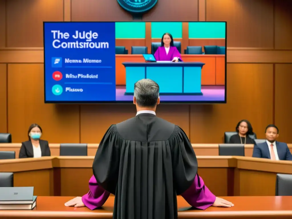 Ilustración digital colorida de escena judicial con juez y memes