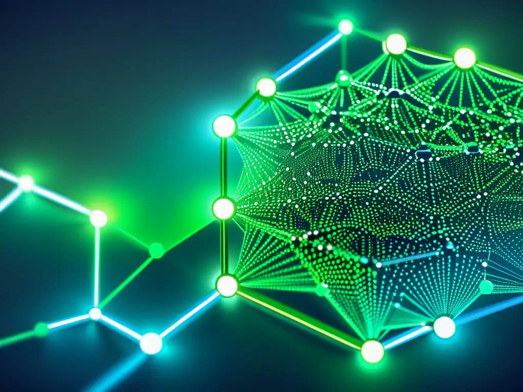 Una ilustración digital de una compleja red blockchain con nodos futuristas interconectados por líneas brillantes
