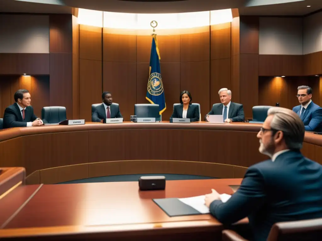 Ilustración digital detallada en 8k de una escena de tribunal con abogados, jueces y desarrolladores de videojuegos discutiendo aspectos legales de remakes y remasterizaciones