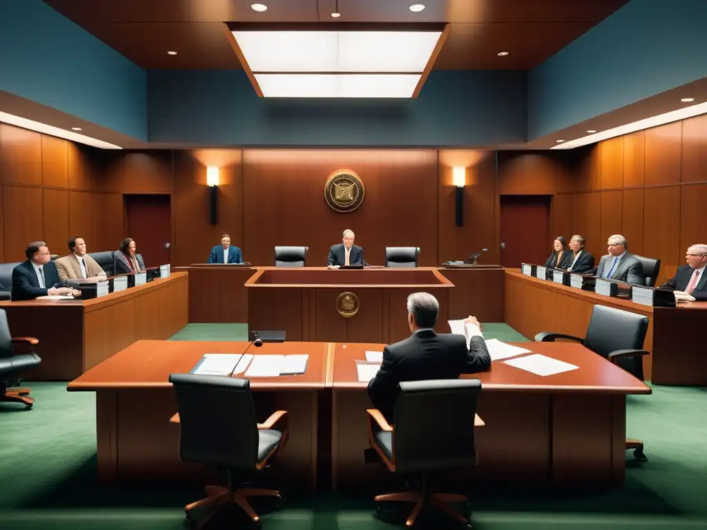 Ilustración digital detallada de una escena de tribunal, con un juez presidiendo una batalla legal entre desarrolladores de videojuegos y modders
