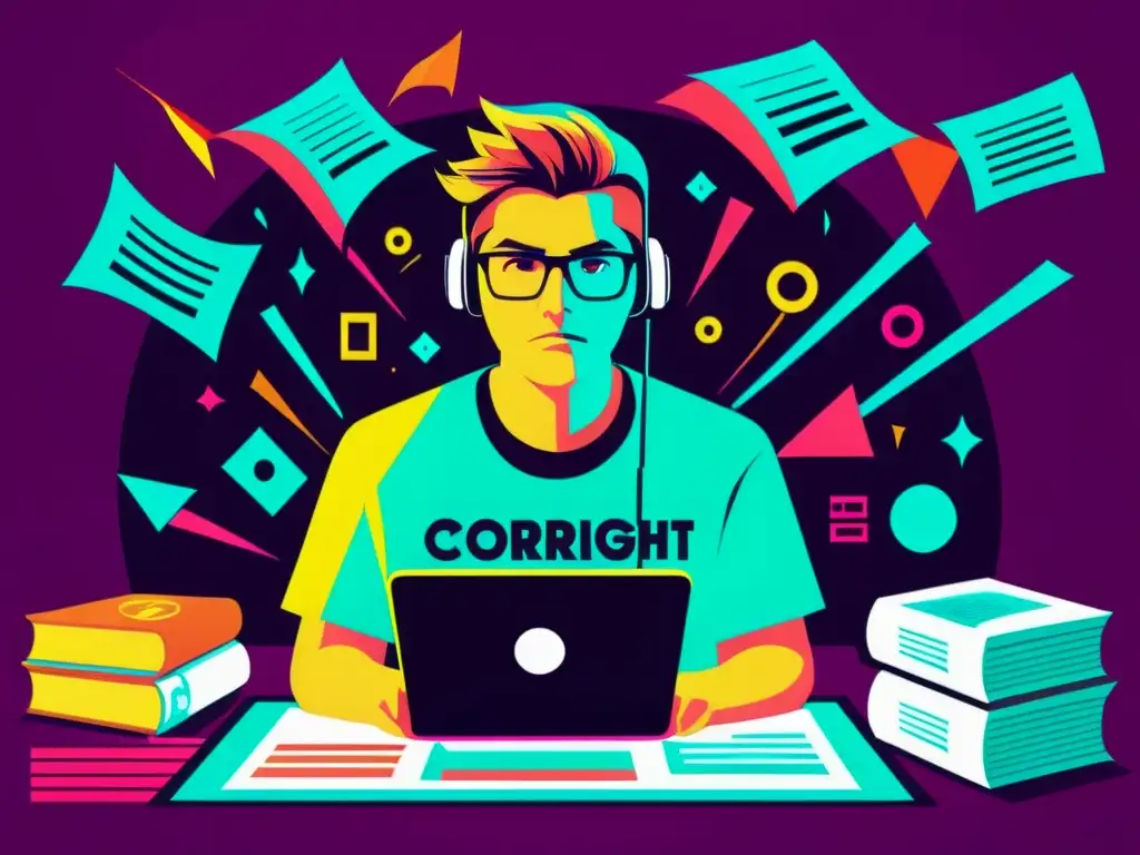 Un ilustración digital muestra a un diseñador de videojuegos rodeado de documentos legales y símbolos de copyright, reflejando la importancia de evitar errores comunes en la propiedad intelectual de los videojuegos