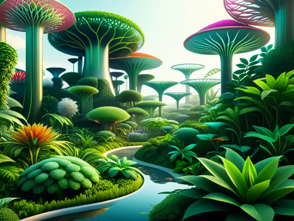 Una ilustración digital futurista detallada de un exuberante bioma sostenible