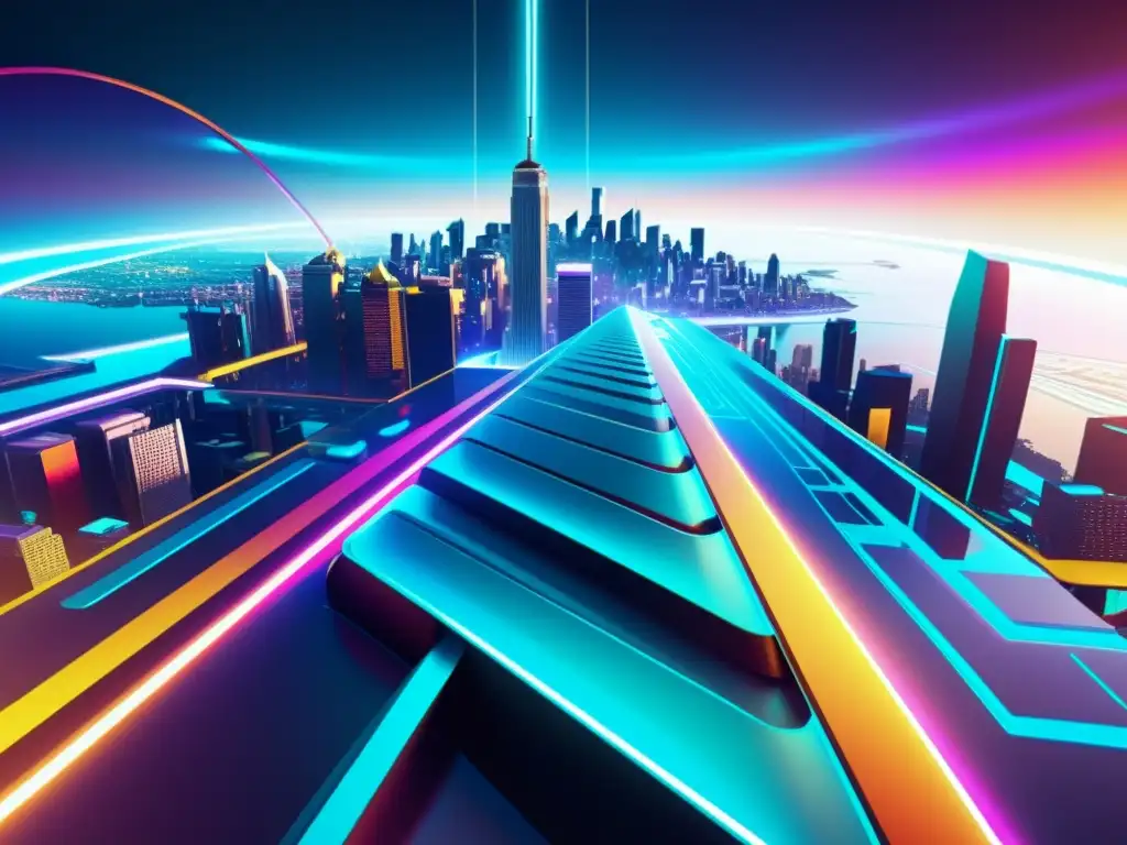 Una ilustración digital moderna con detalles intrincados y colores vibrantes, muestra un mundo virtual dinámico y futurista