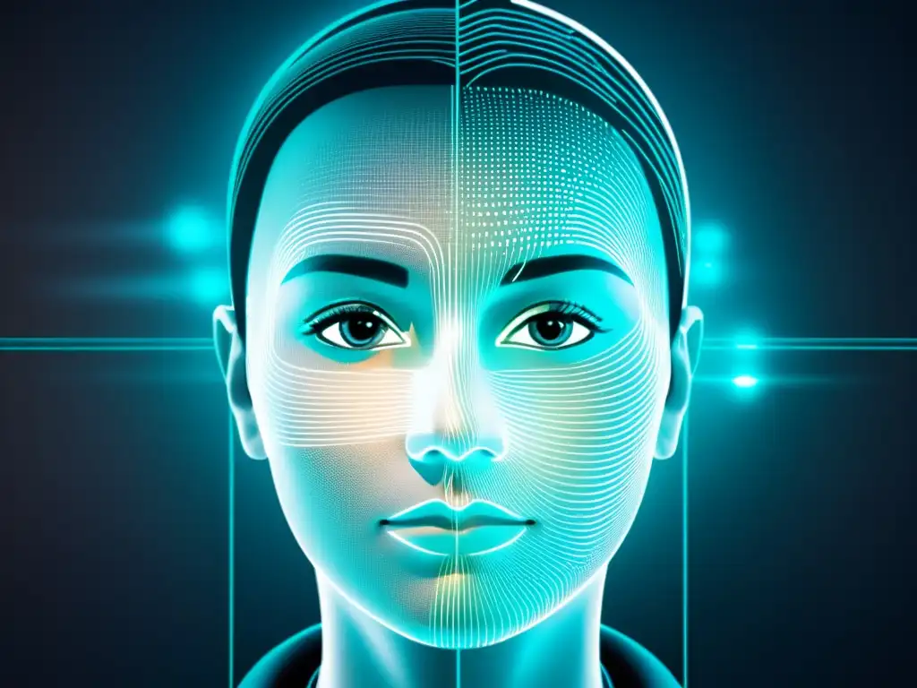 Ilustración digital de alta resolución que muestra el escaneo facial con tecnología de reconocimiento, resaltando puntos de datos