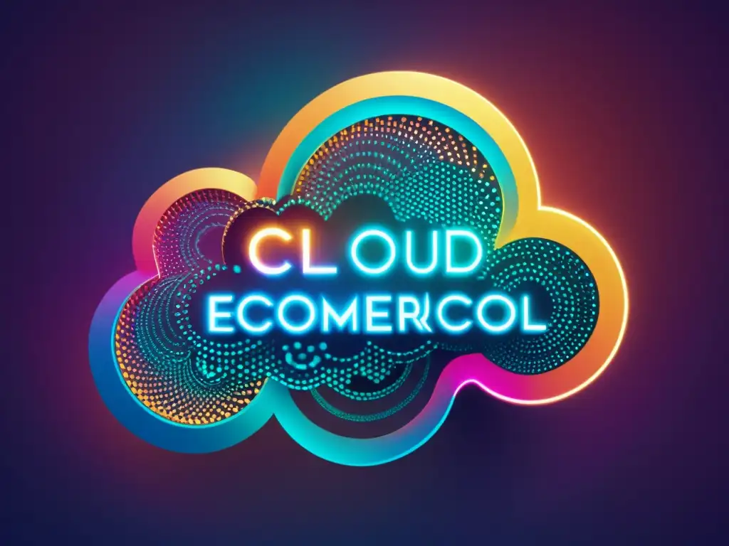 Un ilustración digital de alta resolución de una nube estilizada con patrones intrincados de circuitos, en colores vibrantes y con efectos de iluminación dinámicos, simbolizando la innovación y conectividad en el comercio electrónico