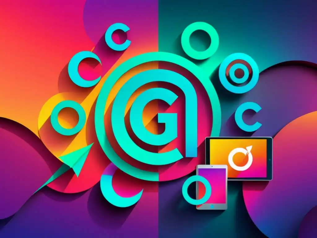 Colisión digital entre símbolos de copyright y tecnología moderna, con vibrantes colores y fondo futurista