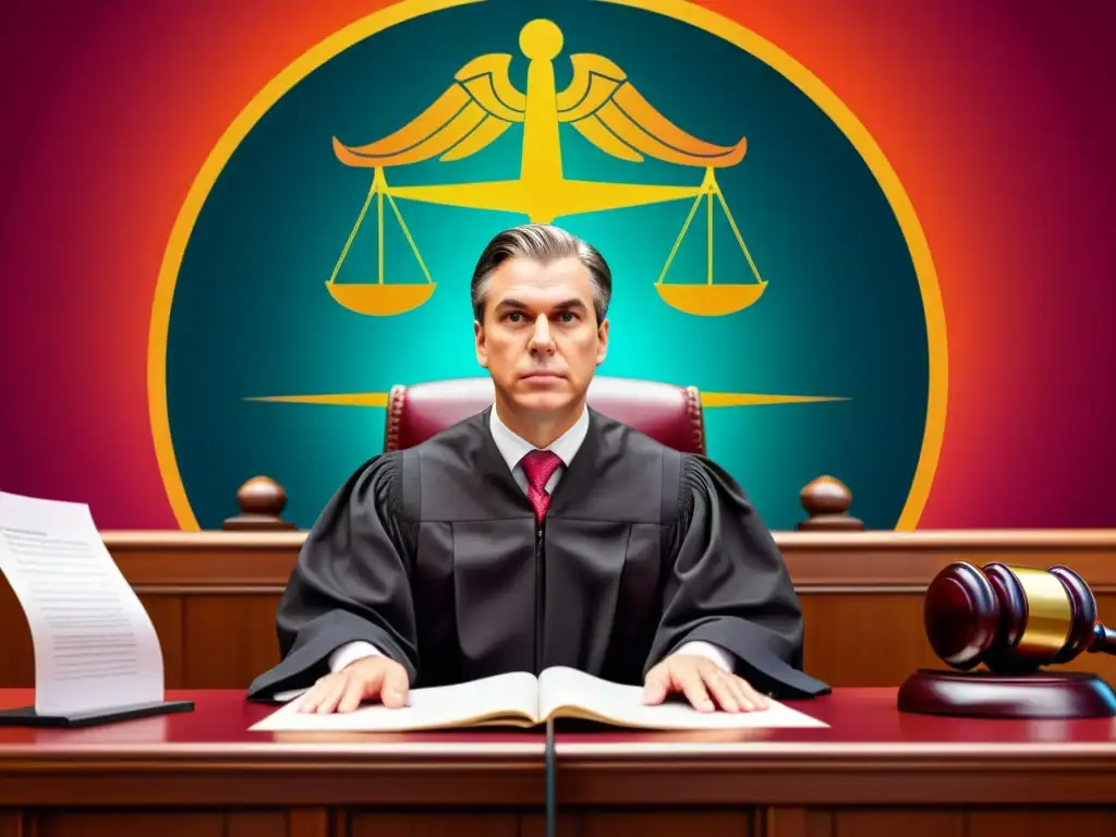 Una ilustración digital vibrante de una escena judicial, donde un juez dicta sentencia en un caso de publicidad engañosa y propiedad intelectual