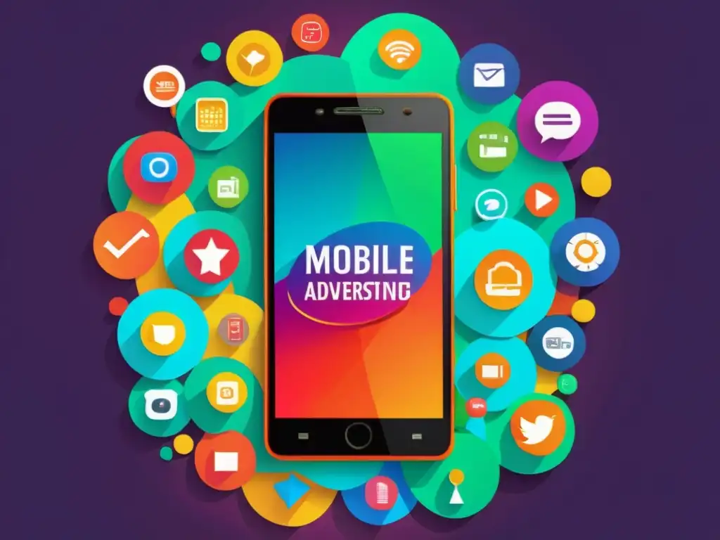 Una ilustración digital vibrante de un smartphone rodeado de íconos de aplicaciones móviles que representan diferentes aspectos de la propiedad intelectual en publicidad móvil