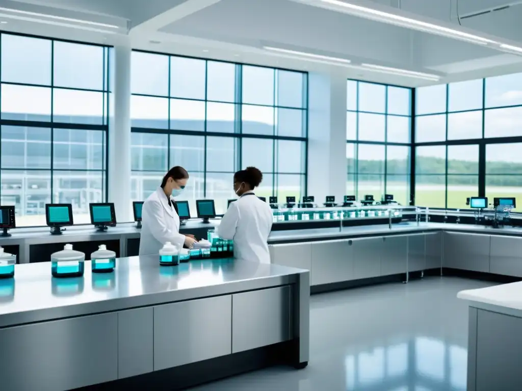 Dilema patentes farmacéuticas medicamentos genéricos: moderna fábrica farmacéutica con trabajadores en laboratorio de vanguardia