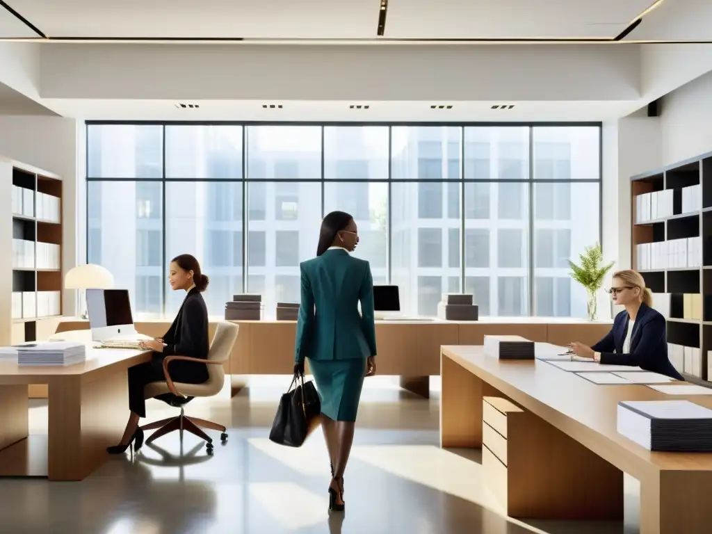 Diseñadores de moda y abogados en colaboración profesional Dinámica colaboración entre diseñadores de moda y abogados en una oficina minimalista, rodeados de prendas elegantes y documentos de registro marca moda extranjero, con luz natural que realza la atmósfera profesional