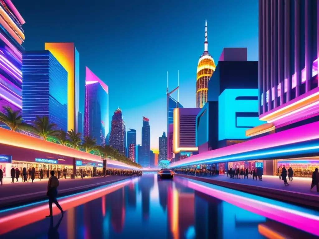 Dinámica ciudad futurista de noche con rascacielos iluminados por luces de neón y bulliciosa actividad urbana, reflejándose en el agua