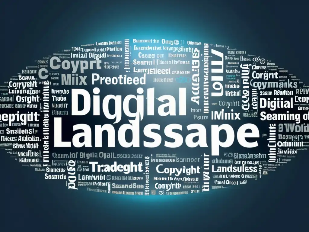 Dinámico paisaje digital que muestra la interacción entre derechos de autor y marcas, captando la esencia del artículo sobre las diferencias entre derechos de autor y marcas en el ámbito digital