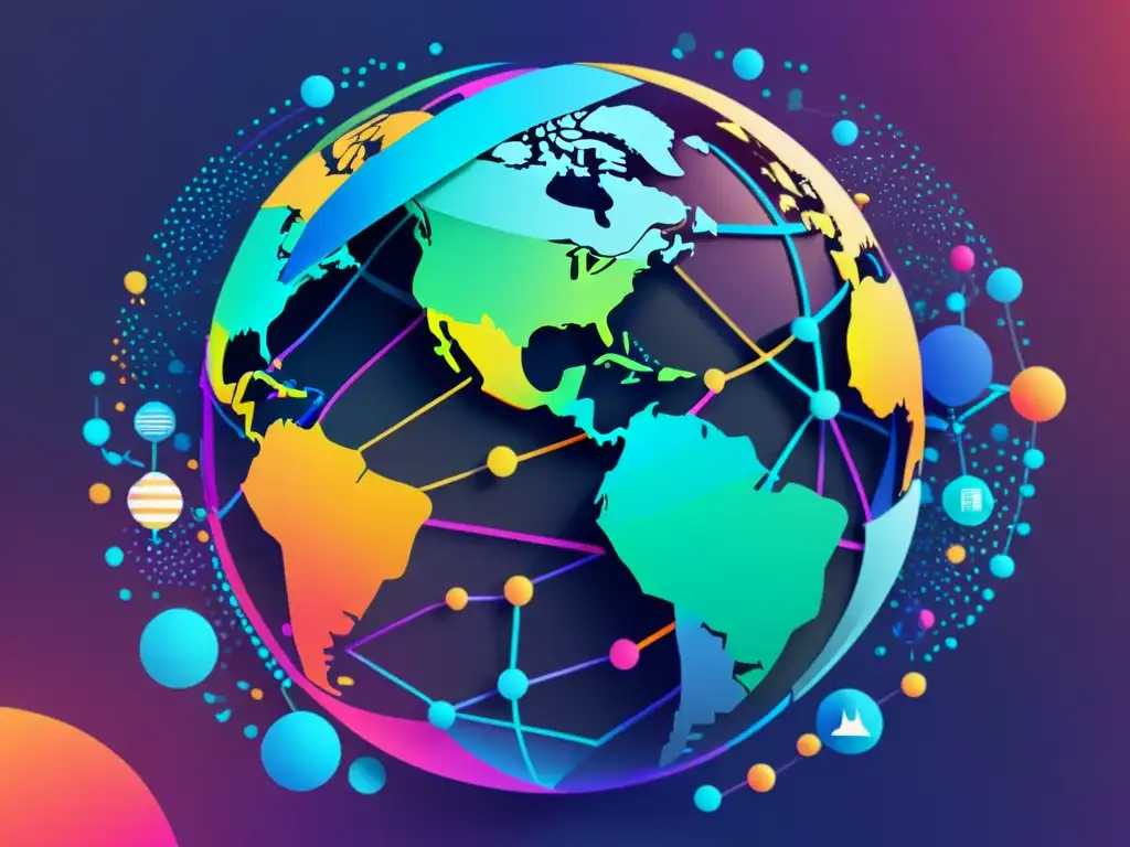 Diplomacia científica y propiedad intelectual: Ilustración moderna de una red global de innovaciones interconectadas con datos y símbolos coloridos, representando la influencia global en un estilo contemporáneo