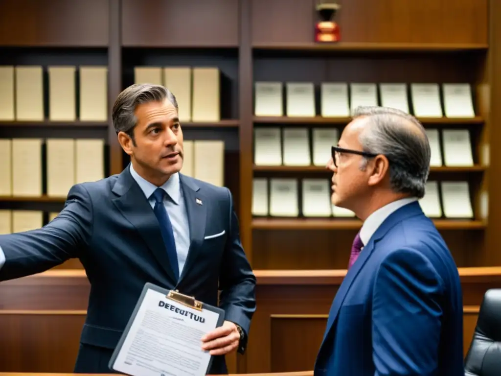 Director y abogado discuten acaloradamente en la sala del tribunal, con libros legales y carretes de película en el fondo