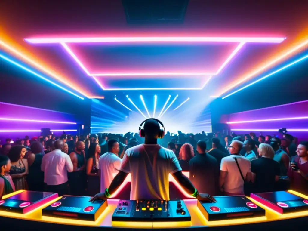 Una discoteca bulliciosa con luces de neón vibrantes que iluminan a la enérgica multitud