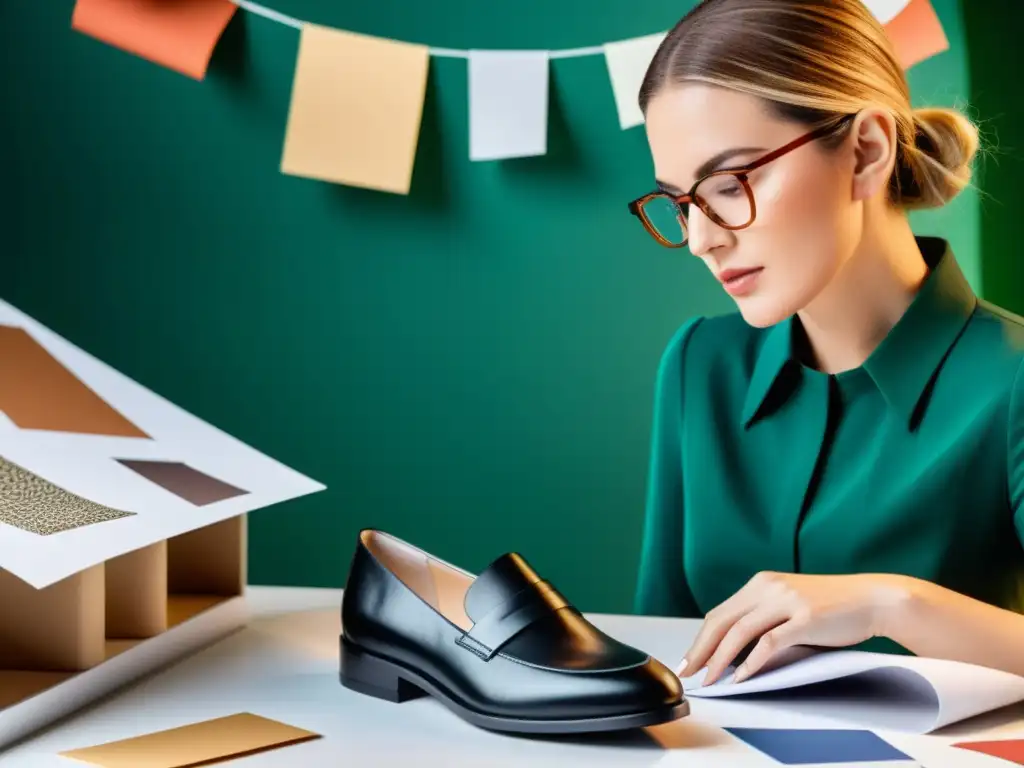 Un diseñador de calzado en su estudio, examinando un diseño intrincado, resaltando el derecho de propiedad intelectual en moda