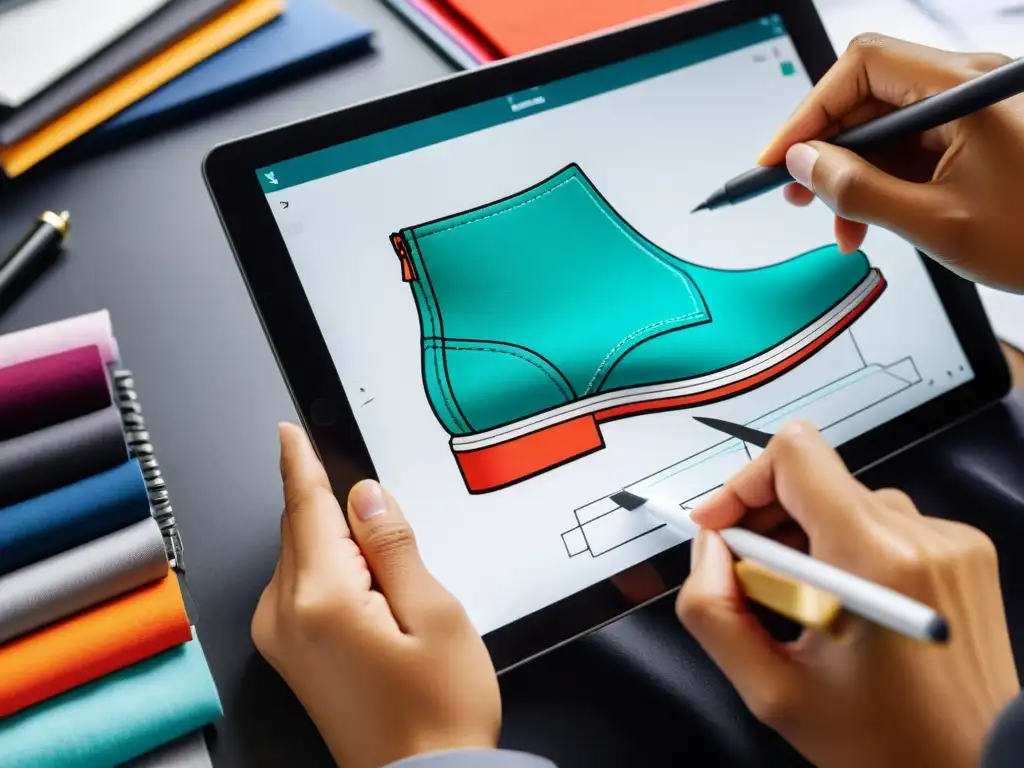 Un diseñador de calzado trabaja en su tablet, rodeado de herramientas y telas, en el proceso legal para patentar diseño de calzado