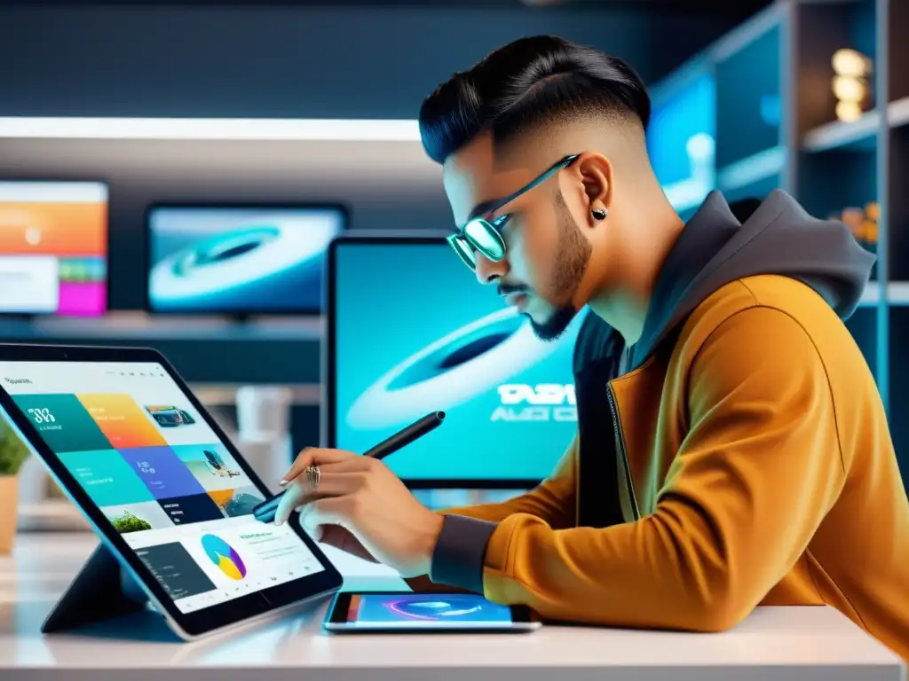 Diseñador digital trabajando en tablet futurista rodeado de diseños de merchandising digital vibrantes