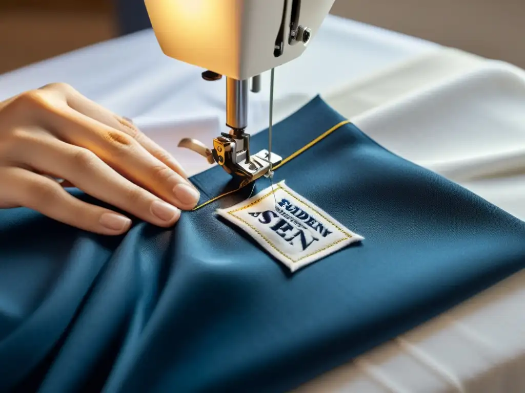 Un diseñador cose una etiqueta en una lujosa tela, mostrando detalles de costura y el logo de la marca en un moderno atelier