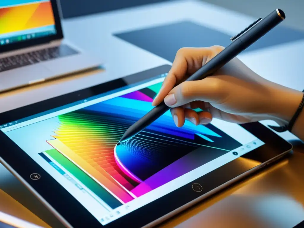 Diseñador gráfico creando arte digital de alta precisión con stylus Un diseñador gráfico crea arte digital detallado en una tableta de alta resolución con un lápiz digital, mostrando su enfoque y creatividad