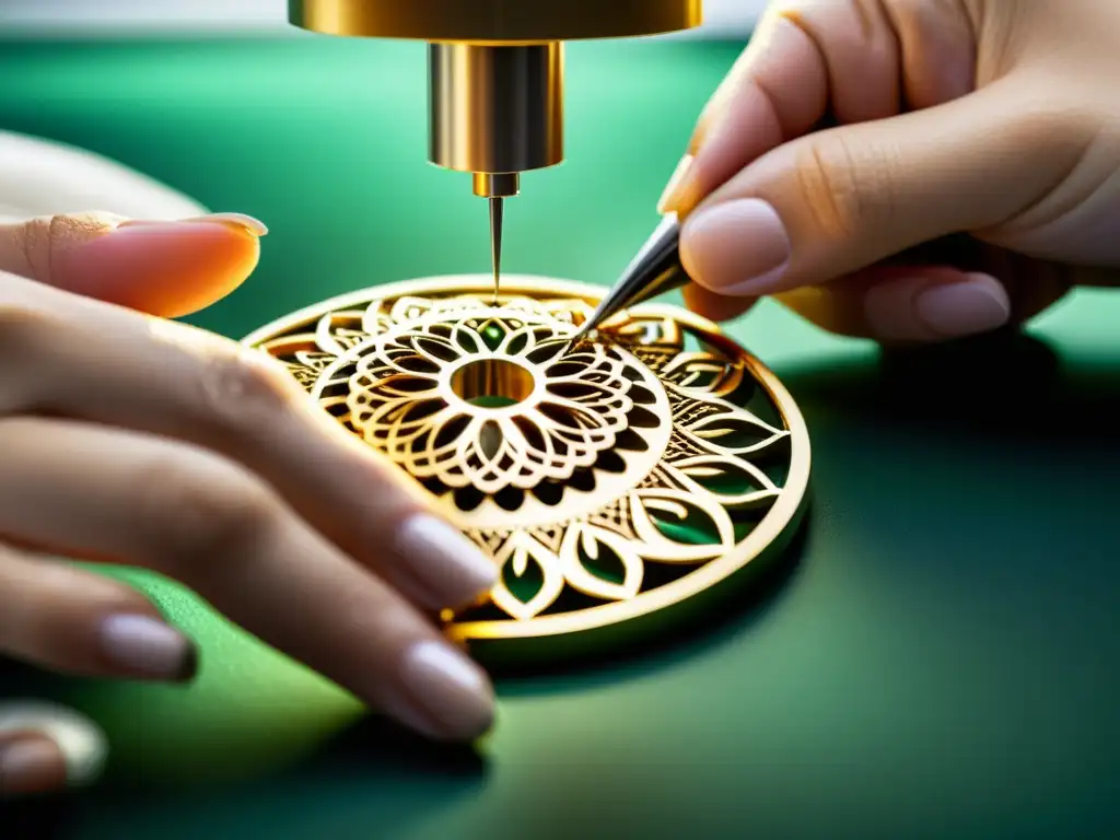Un diseñador crea una joya única con herramientas finas, resaltando la importancia de la propiedad intelectual en joyería de moda