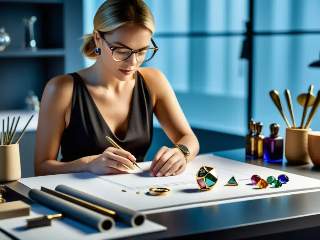 Un diseñador de joyas contemporáneo trabaja en su estudio, creando una pieza intrincada rodeado de herramientas, gemas preciosas y bocetos