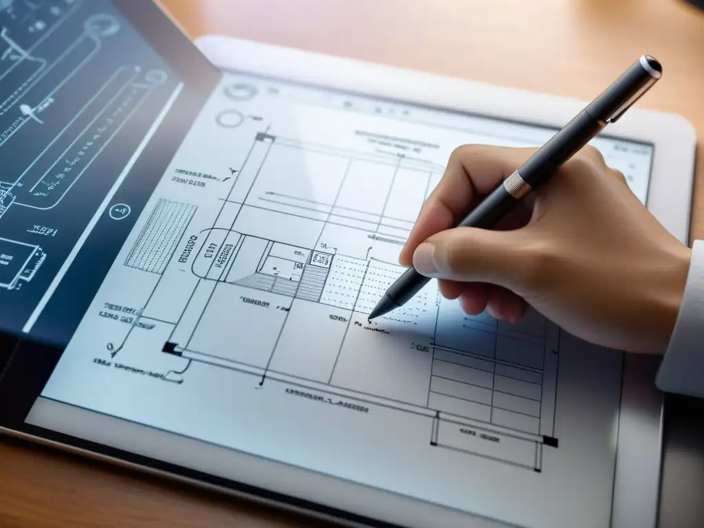 Un diseñador utiliza un lápiz digital para esbozar una solicitud de patente tecnológica efectiva en una tableta