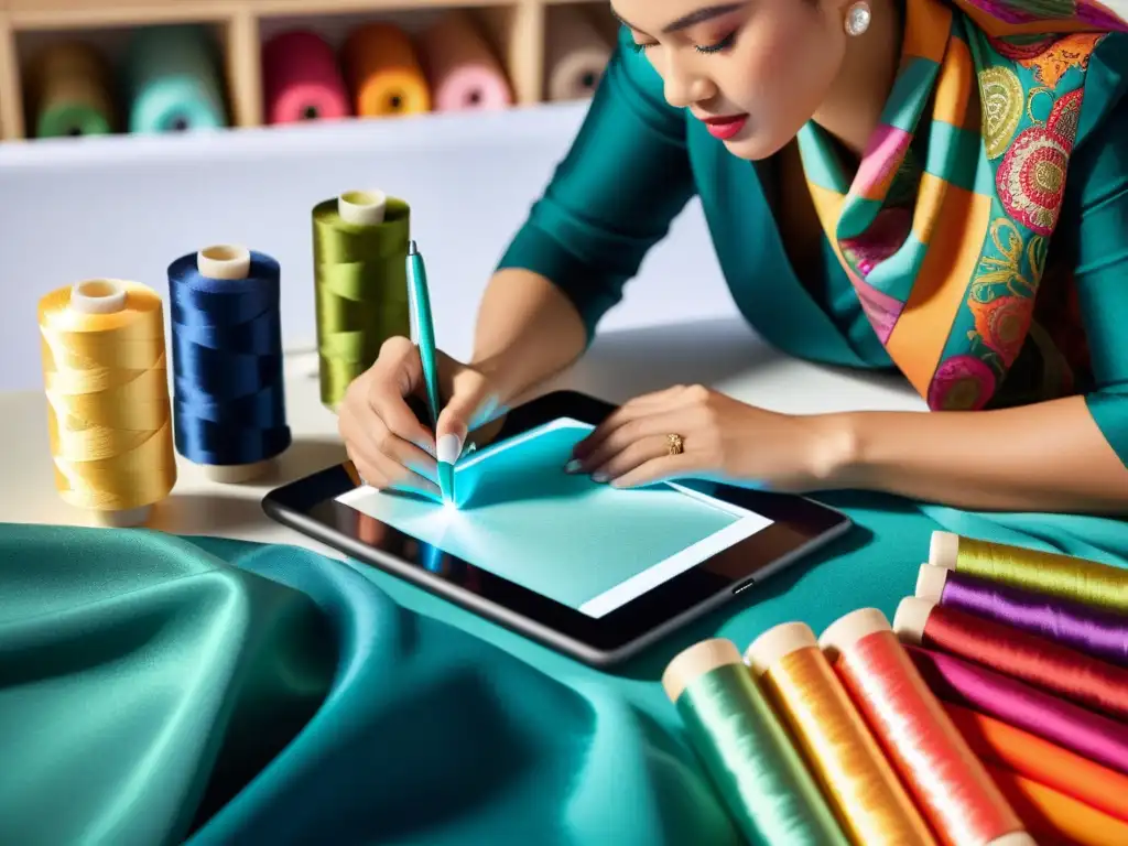 Un diseñador de moda dibuja con atención en una tableta rodeado de telas y herramientas de costura