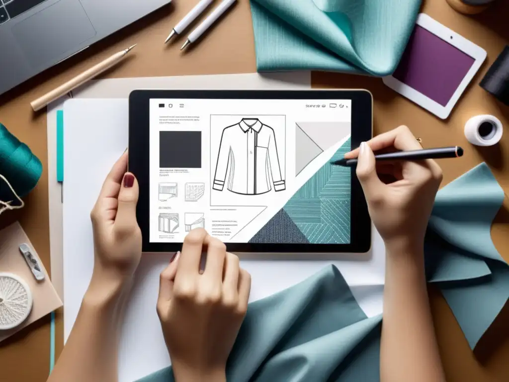 Un diseñador de moda trabajando en un boceto en una tableta digital rodeado de telas, herramientas de costura y un tablero de inspiración