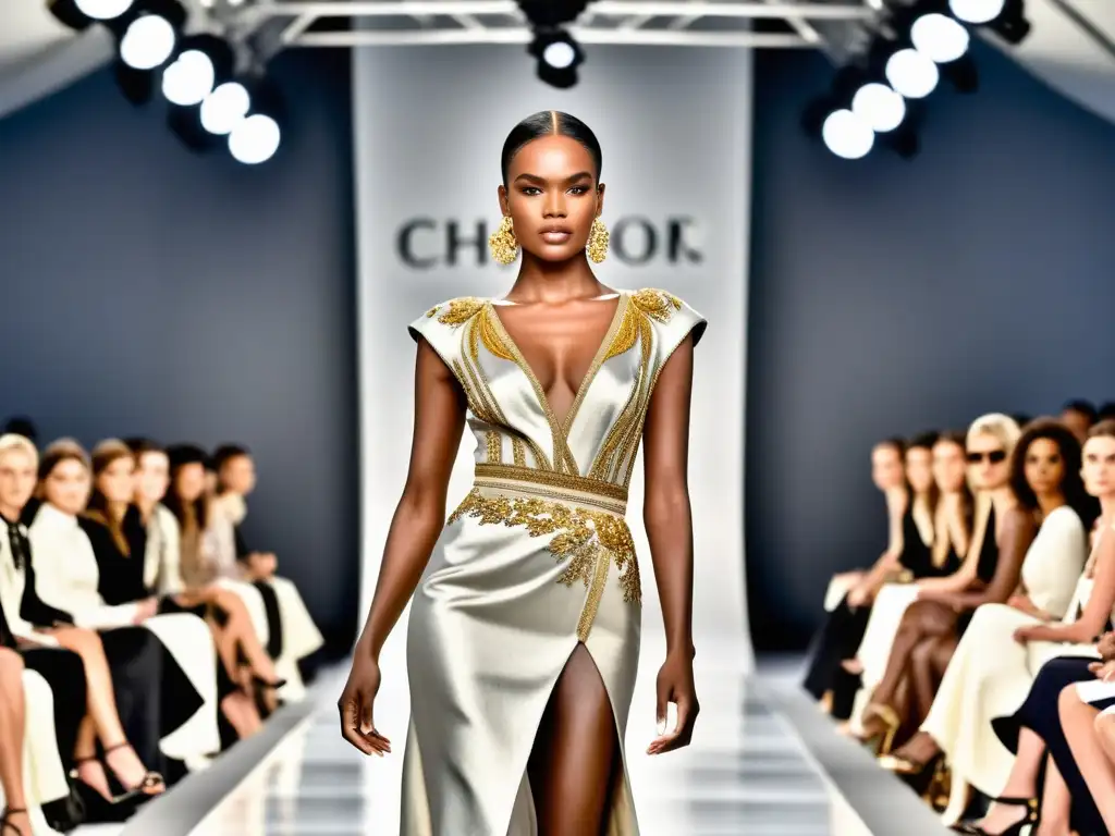 Diseñador de moda presentando una colección en la pasarela, rodeado de modelos elegantes en prendas de alta costura
