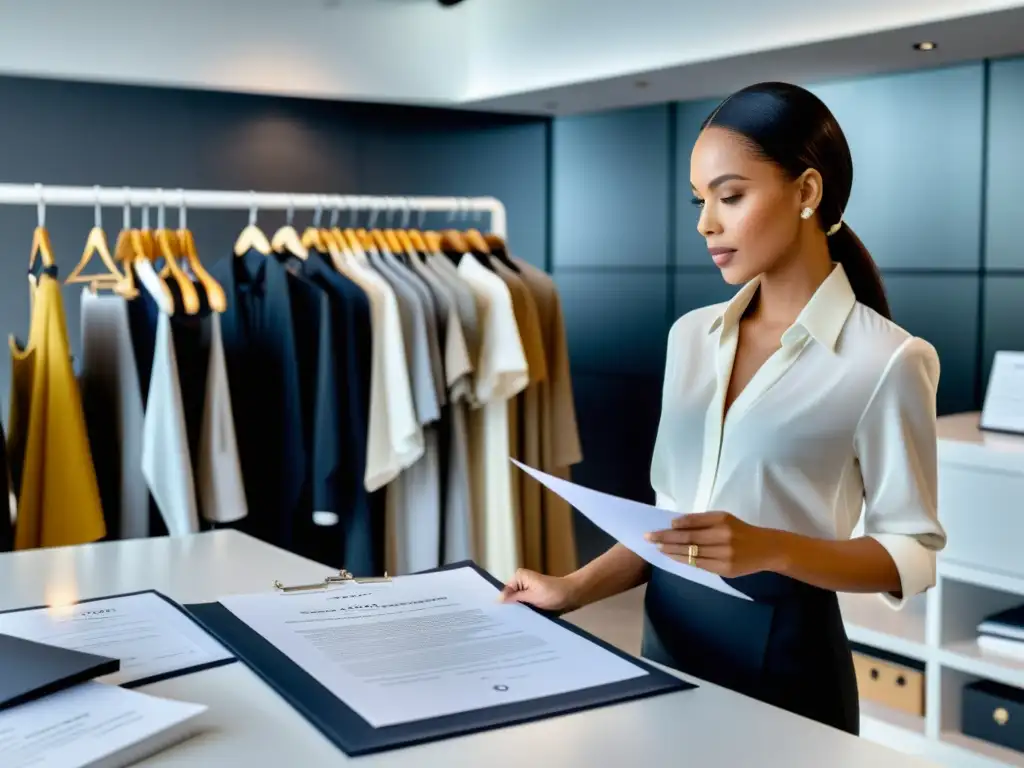 Un diseñador de moda presenta su colección protegida en un elegante showroom, rodeado de profesionales y asesores legales revisando contratos