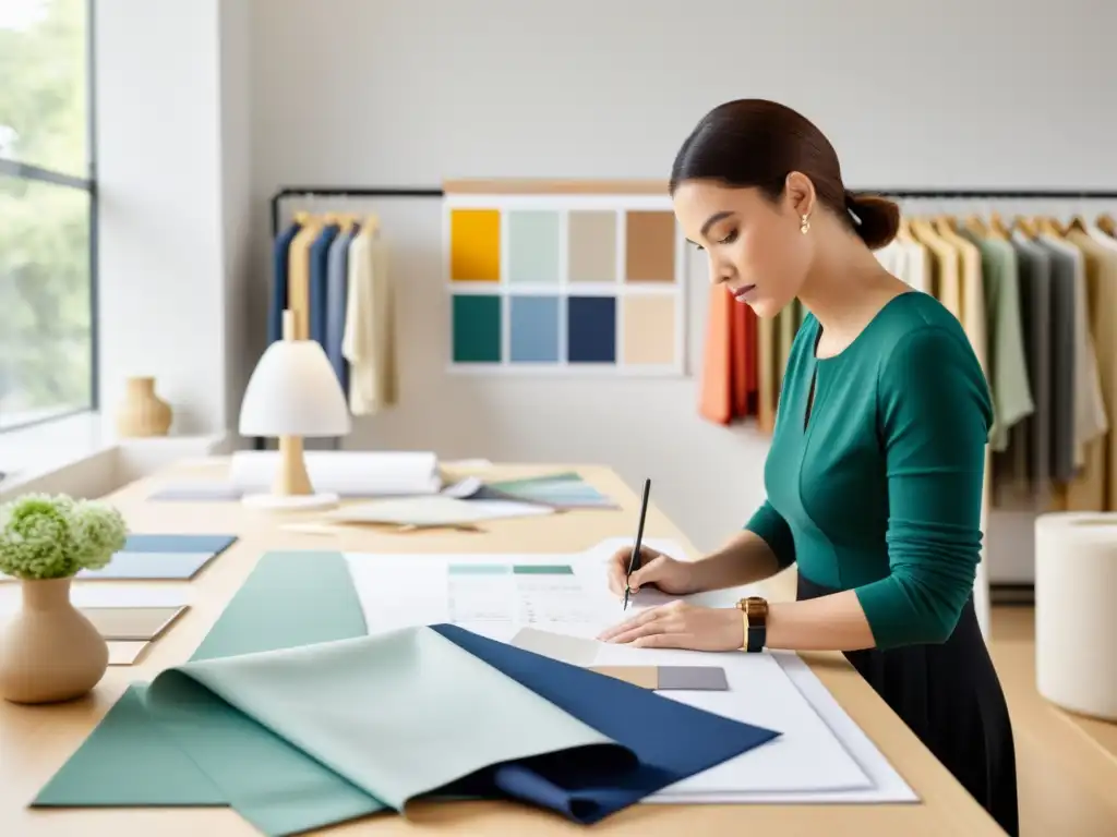 Un diseñador de moda concentrado trabaja en su estudio moderno, rodeado de telas, bocetos y una mesa de corte