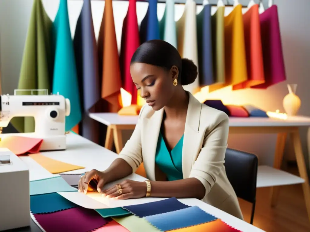 Un diseñador de moda concentrado en su estudio moderno rodeado de telas, bocetos y una máquina de coser