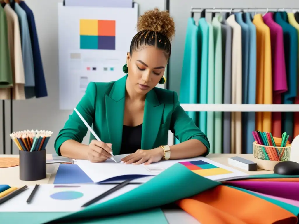 Diseñador de moda concentrado esbozando nueva colección rodeado de telas y herramientas creativas en estudio moderno