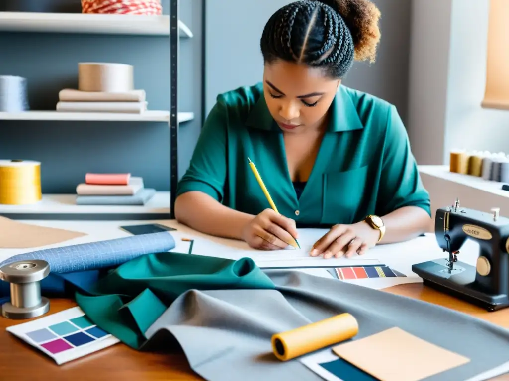 Un diseñador de moda concentrado en su original diseño, rodeado de herramientas de trabajo