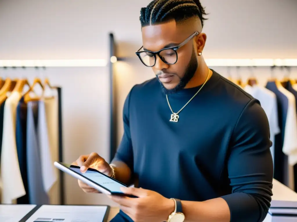 Un diseñador de moda revisa un contrato en una tableta en un estudio elegante y bien iluminado, rodeado de ropa y bocetos