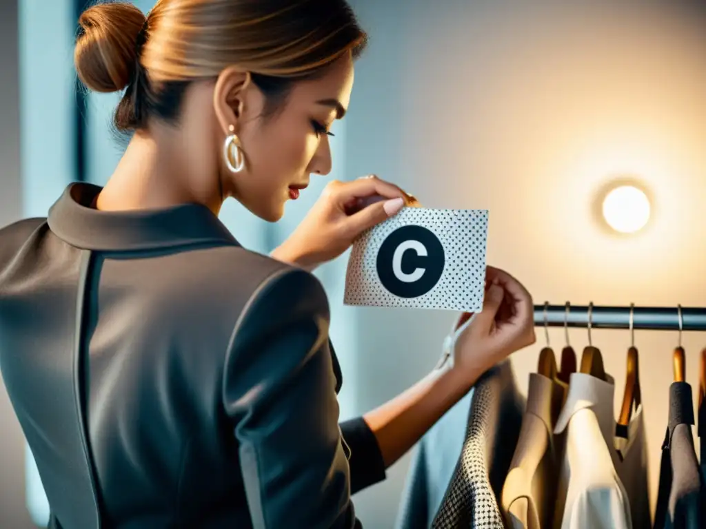 Un diseñador de moda coloca con cuidado el símbolo de copyright en una etiqueta, rodeado de un elegante estudio
