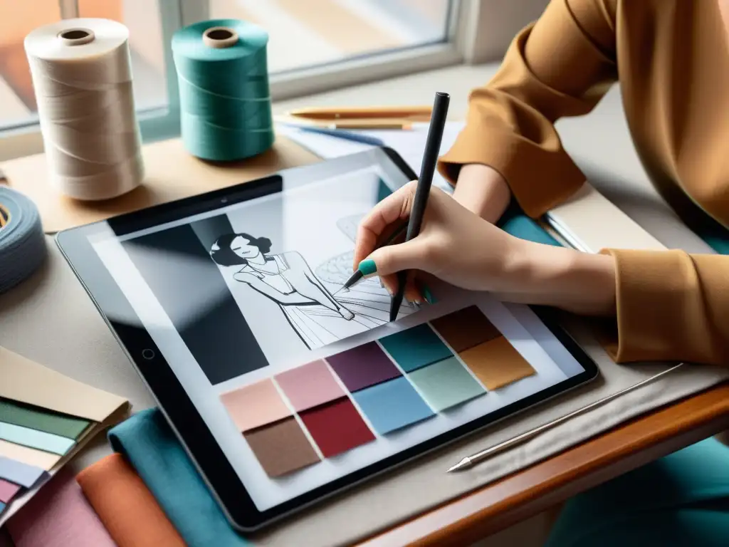 Un diseñador de moda registra derechos de autor mientras crea un diseño de alta costura en una tableta digital, rodeado de herramientas y telas