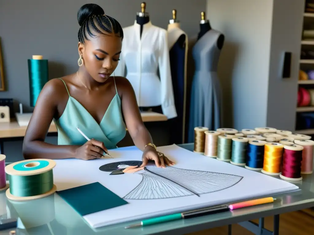 Un diseñador de moda registra derechos autor moda en su estudio, inmerso en la creación de una nueva colección de alta costura