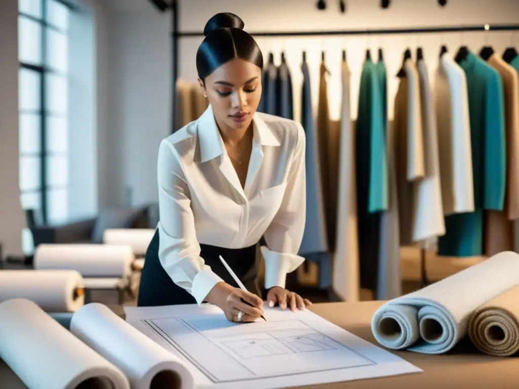 Un diseñador de moda examina un detallado boceto rodeado de lujosas telas en su moderno estudio